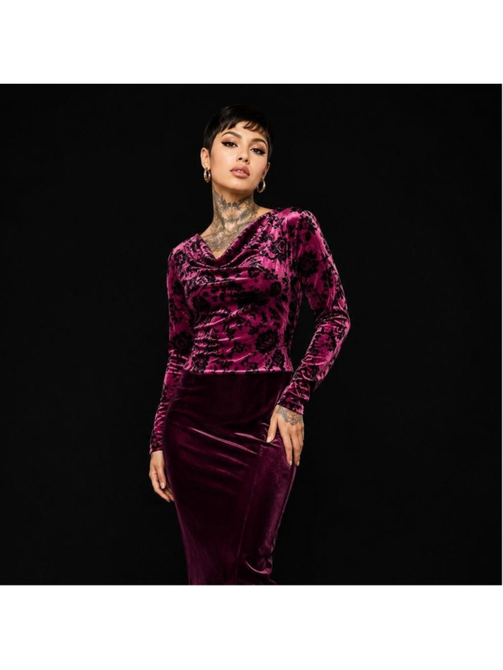 magenta velvet long sleeve top with black floral embroidery #velvet #floral
